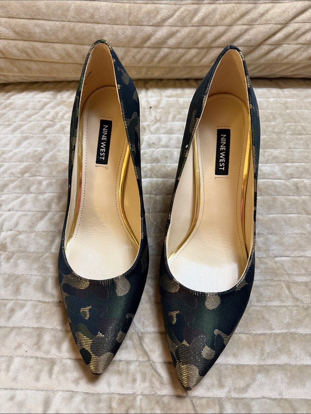 Nine West Camouflage Pointed-Toe Pumps with Gold Accents